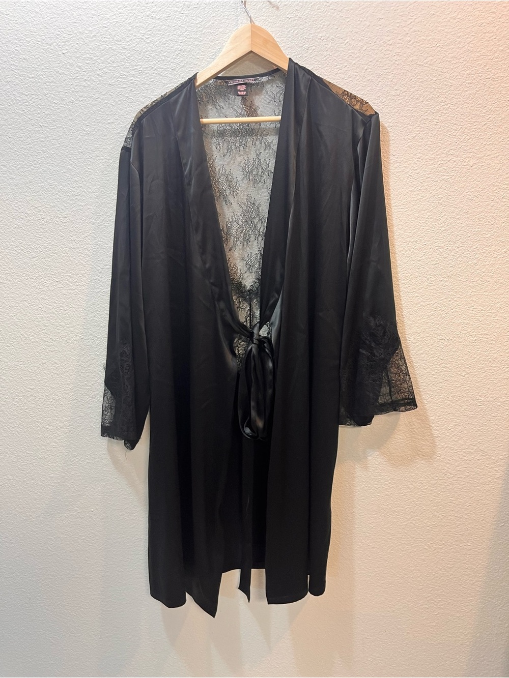 Victoria's Secret Black Satin & Lace Tie-Front Robe
